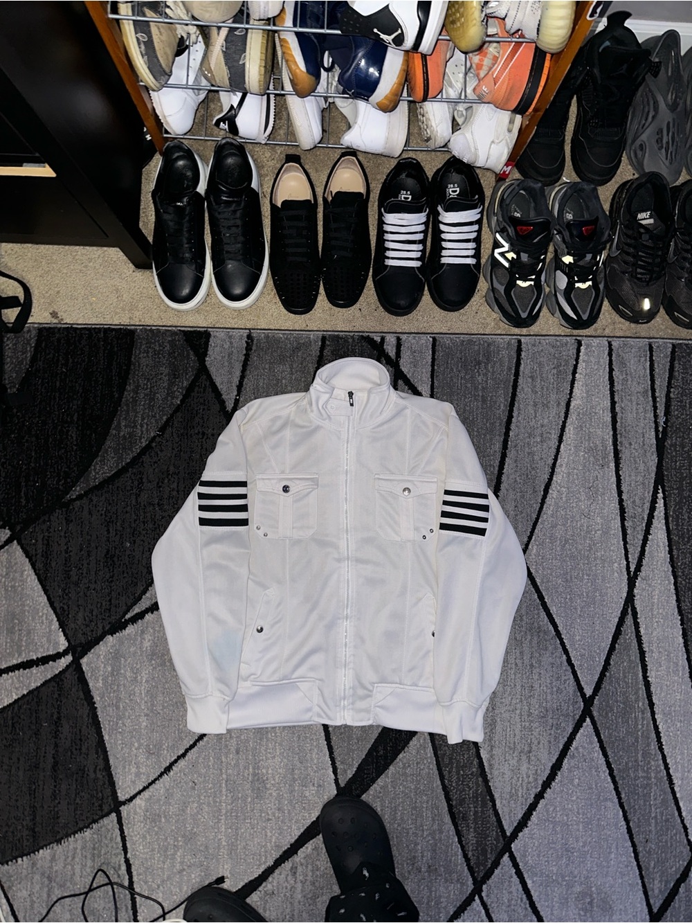 Carbon White Bomber Jacket with Black Sleeve Stripes
